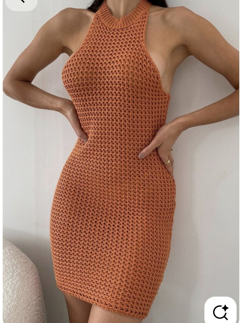 Meshki Crochet Halter Mini Dress in Orange